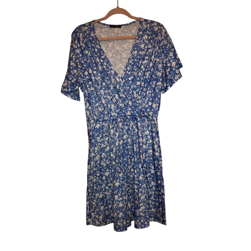 Fensace Blue With White Floral Boho Knee Length Dress Size XL